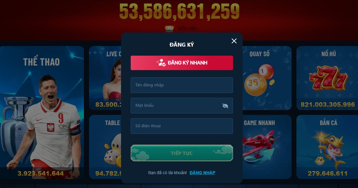 Form đăng ký tài khoản lucky88